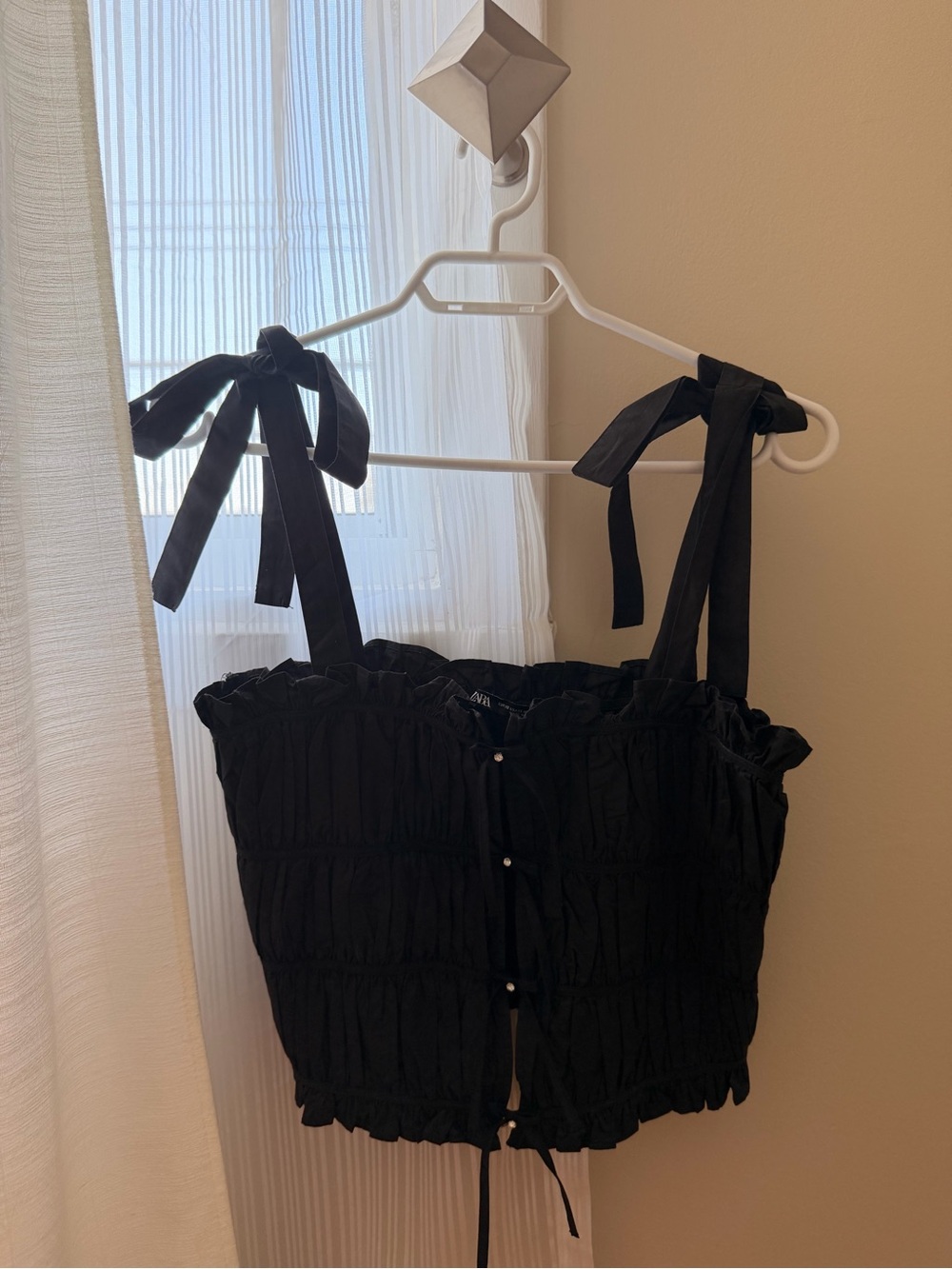 ZARA - Black Tie-Strap Smocked Button Front Tank
